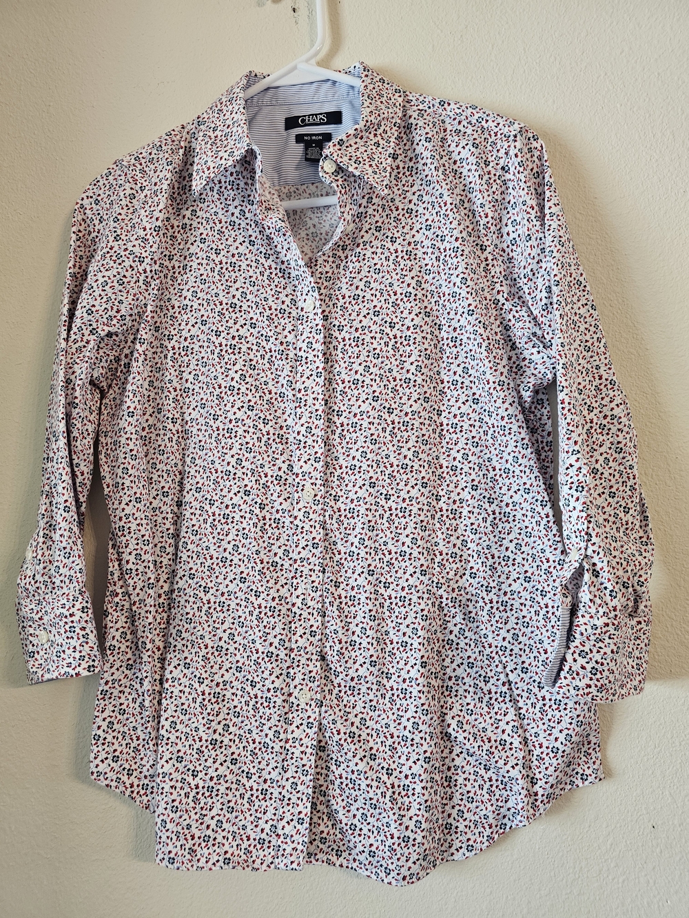 Chaps Women’s White Button-Down Shirt with Red and Navy Floral Print